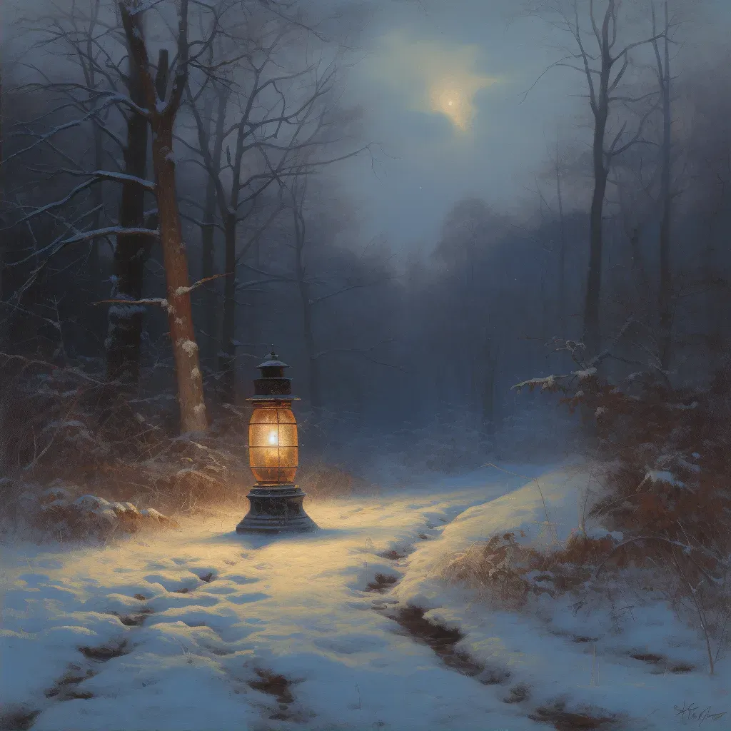 Lantern glowing warmly in snowy forest clearing under twilight sky - Image 2