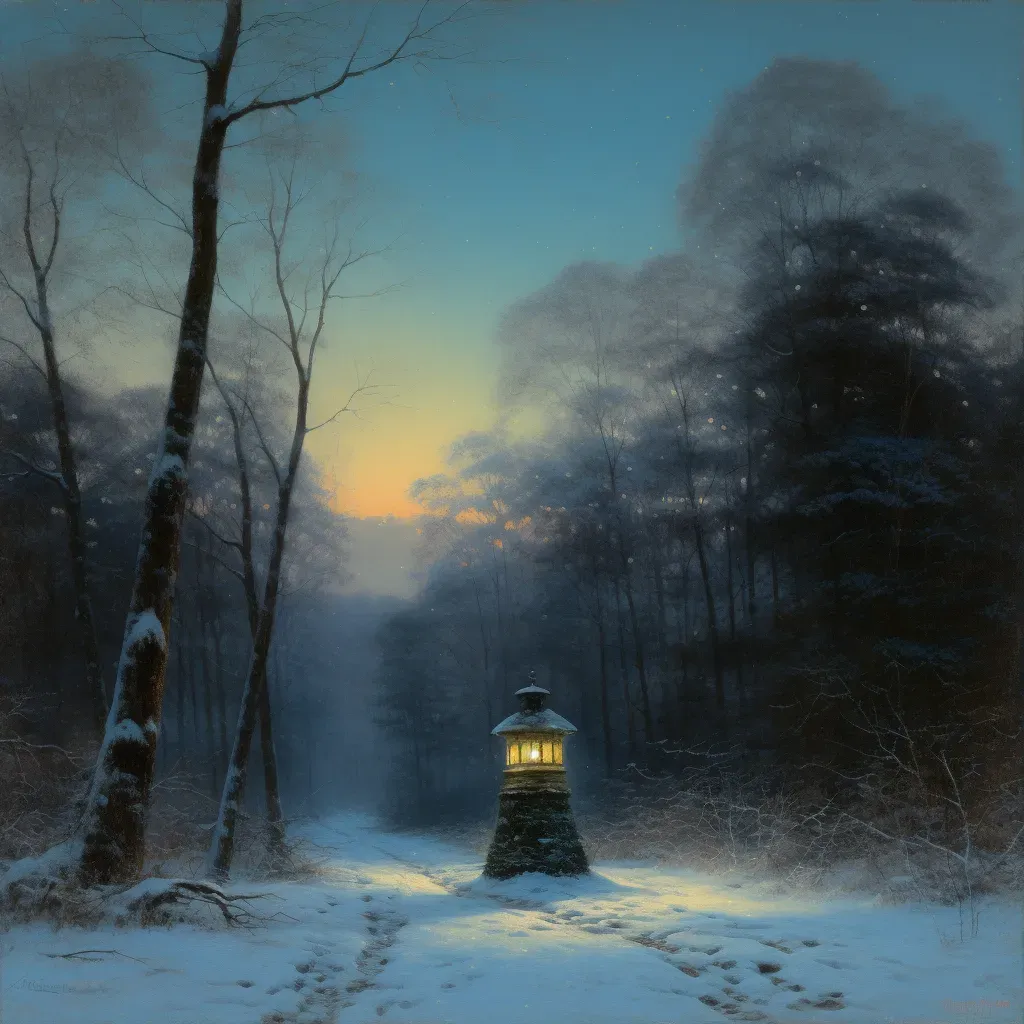 Lantern glowing warmly in snowy forest clearing under twilight sky - Image 3