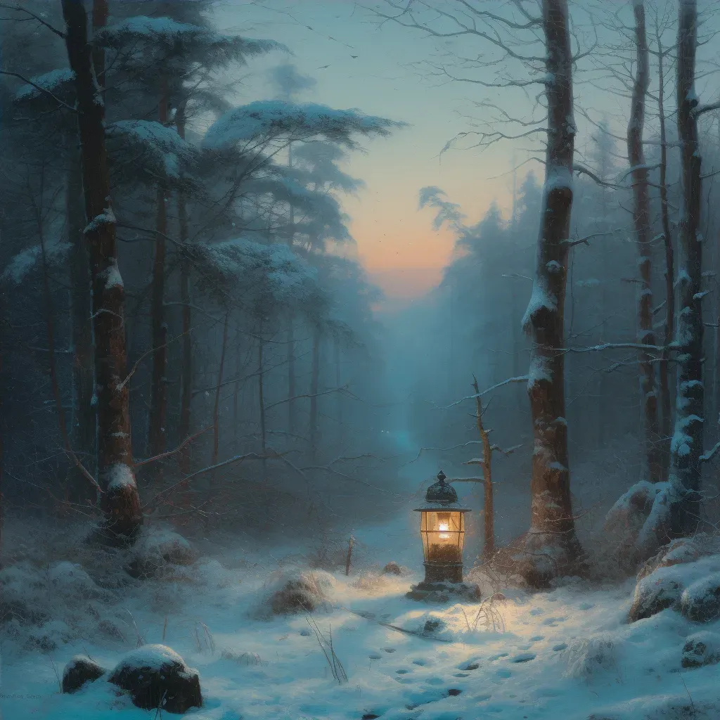 Lantern glowing warmly in snowy forest clearing under twilight sky - Image 4