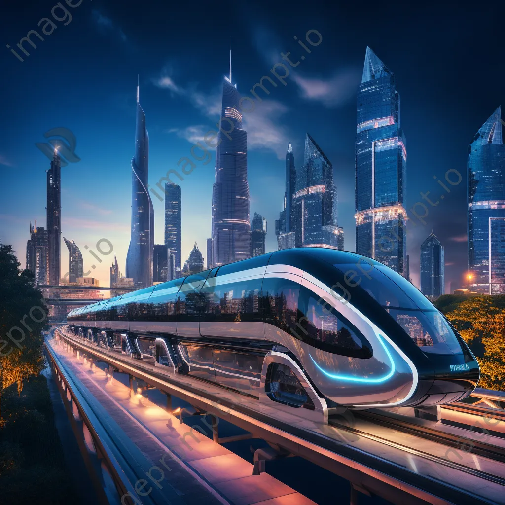 Monorail in a futuristic city skyline at dusk - Image 1