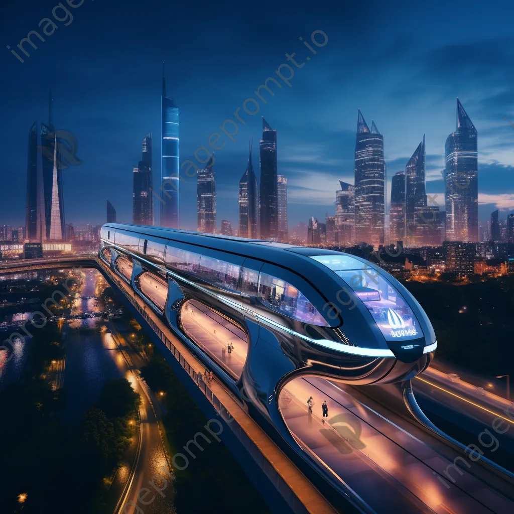 Monorail in a futuristic city skyline at dusk - Image 2