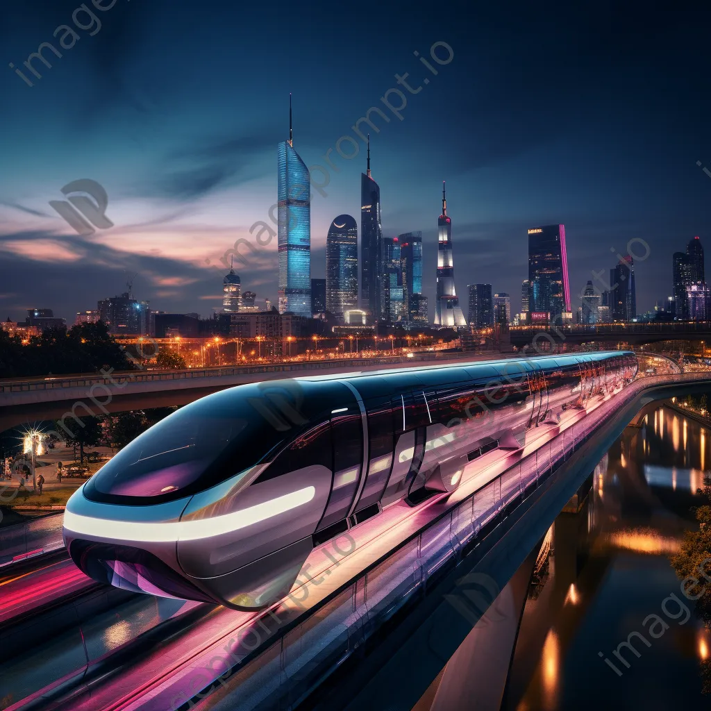 Monorail in a futuristic city skyline at dusk - Image 4