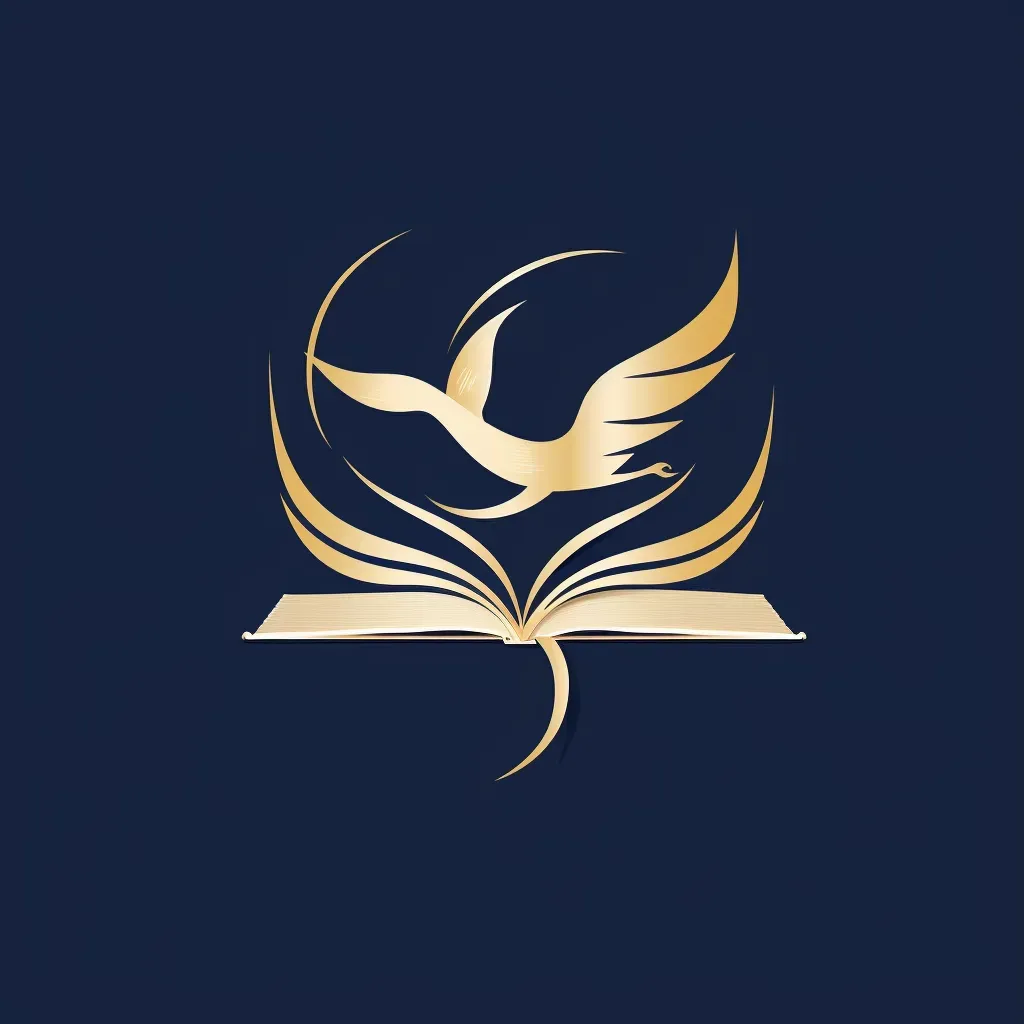 Logo featuring a single line creating a book with pages turning into a bird in flight, in navy and gold. - Image 1