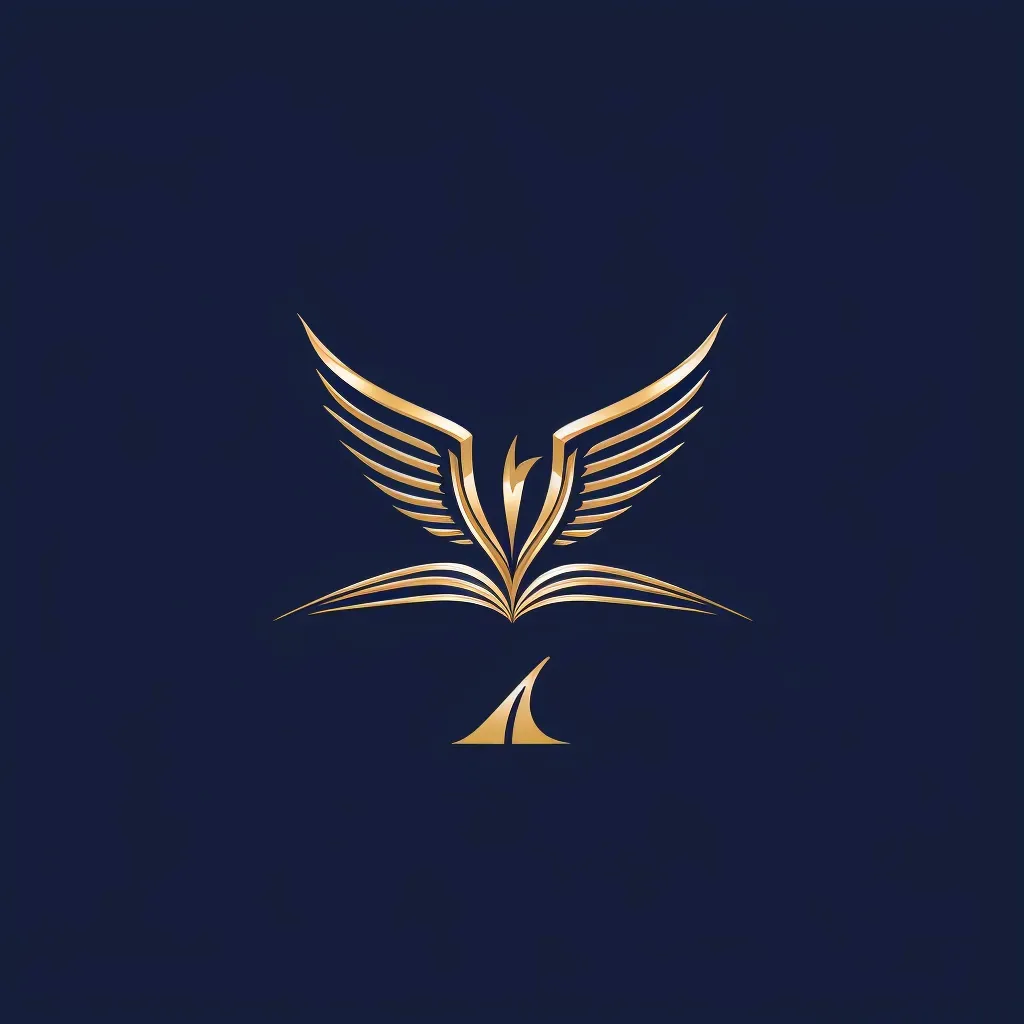 Logo featuring a single line creating a book with pages turning into a bird in flight, in navy and gold. - Image 3