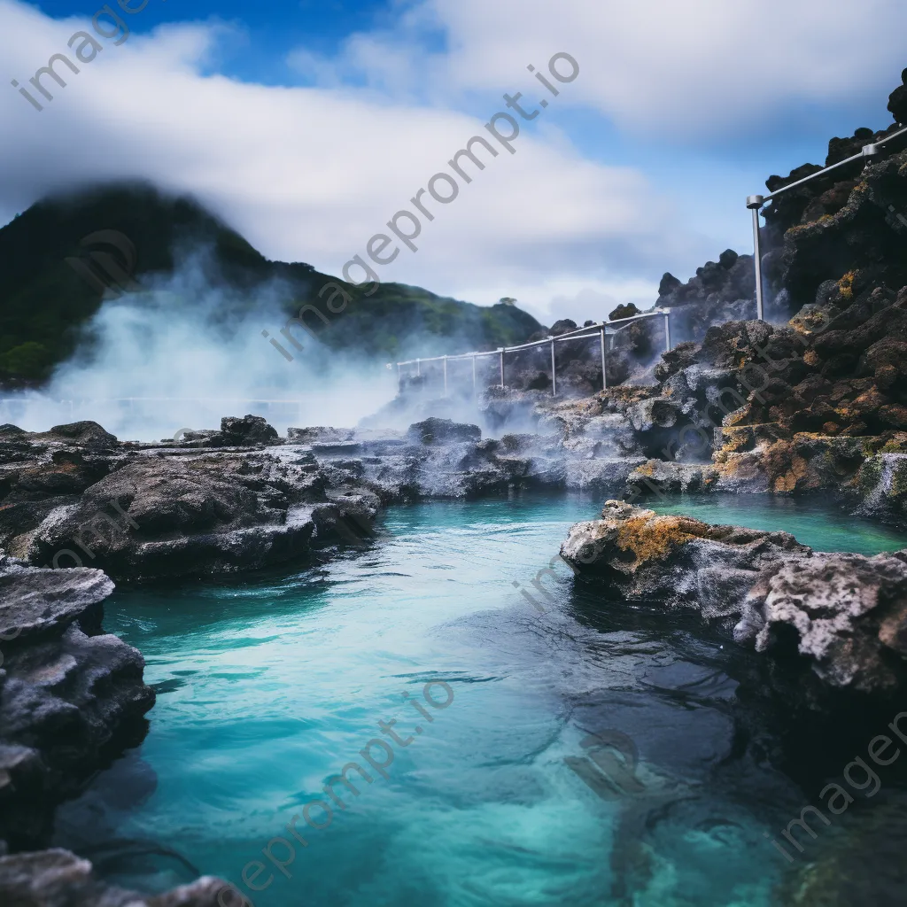 Geothermal pool with turquoise water and rocky landscape in the morning. - Image 1