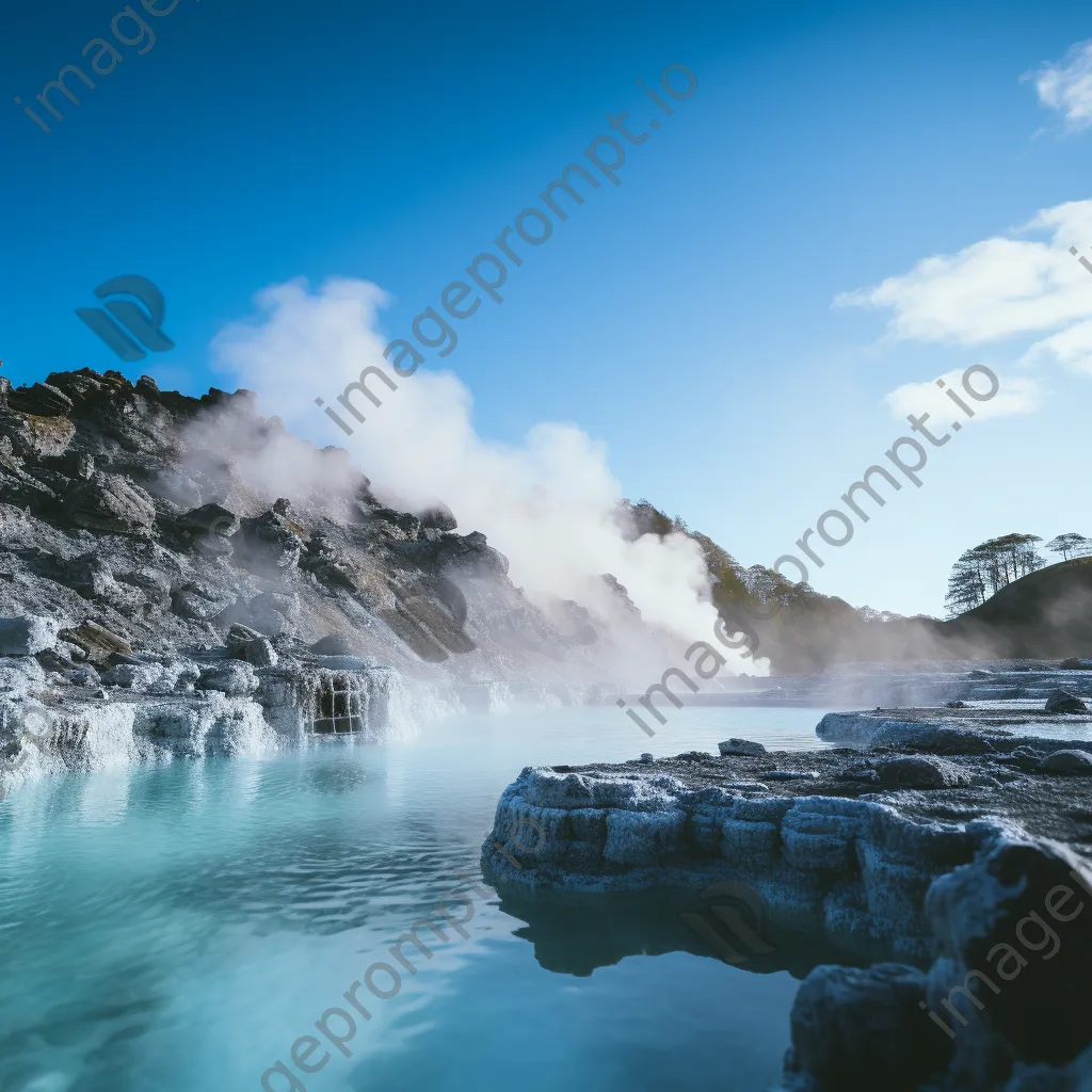 Geothermal pool with turquoise water and rocky landscape in the morning. - Image 4