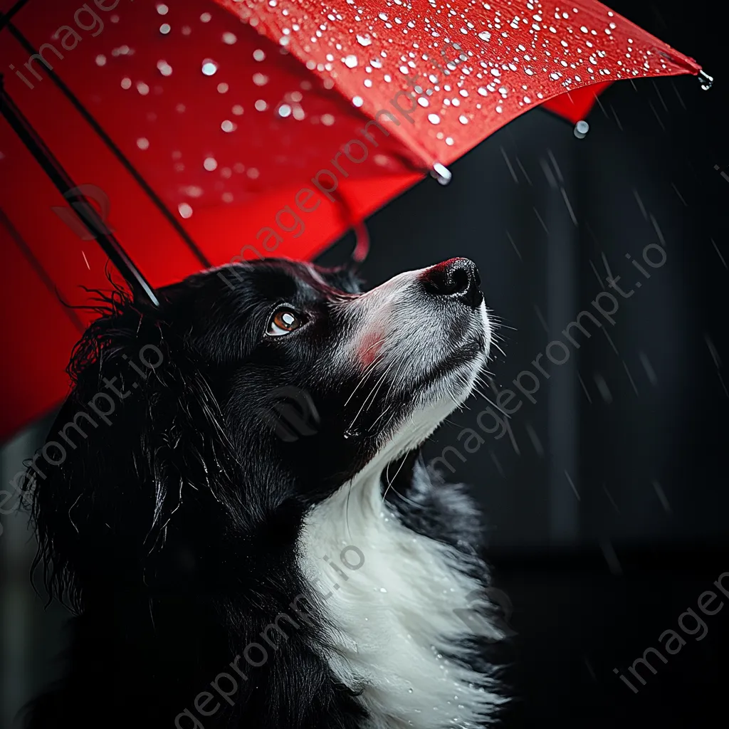 Dog sitting under a red umbrella in the rain - Image 2