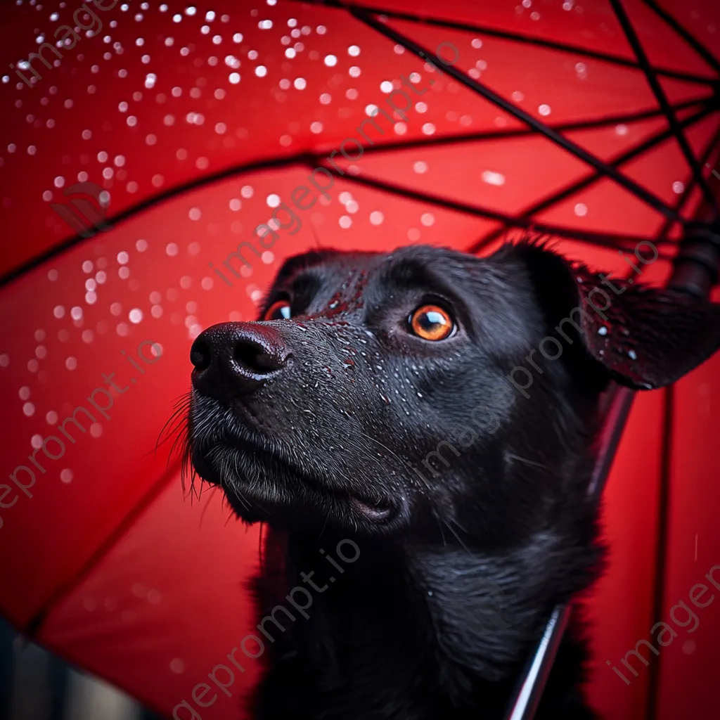 Dog sitting under a red umbrella in the rain - Image 3