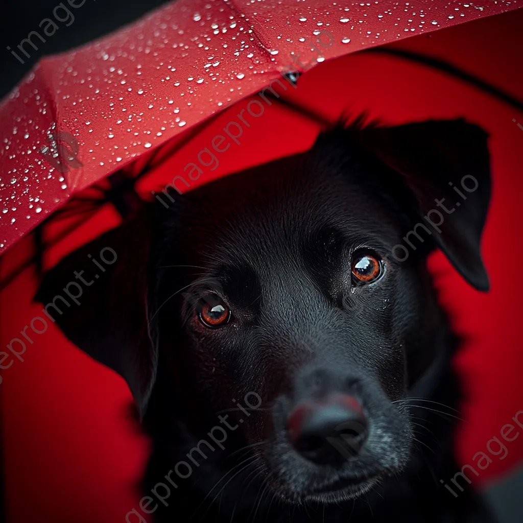 Dog sitting under a red umbrella in the rain - Image 4