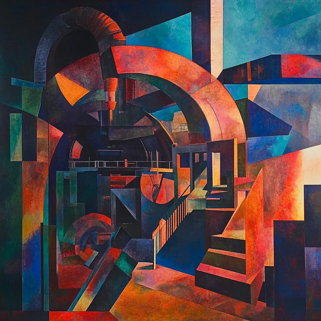 Abstract artwork treating machinery from a copper mine as forms of art, influenced by Kandinsky