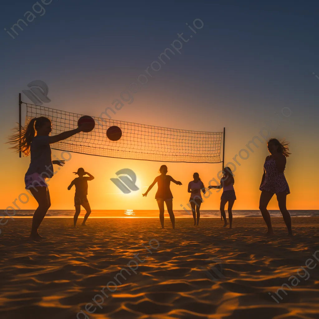 Friends playing beach volleyball at sunset - Image 1