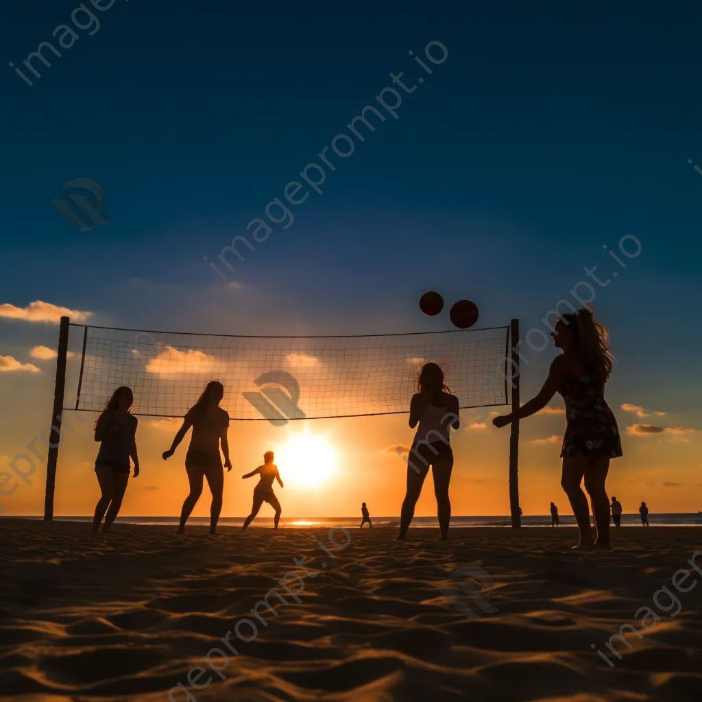 Friends playing beach volleyball at sunset - Image 2