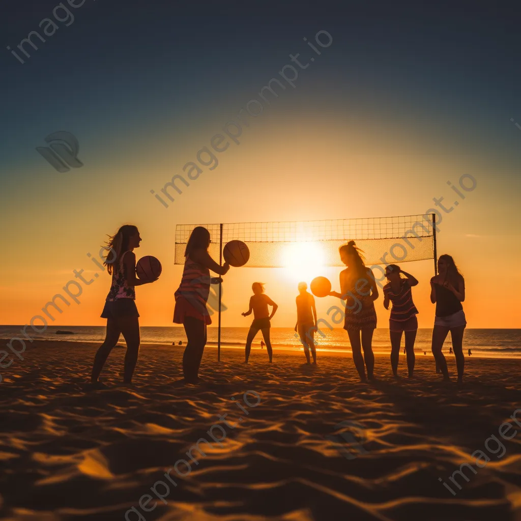 Friends playing beach volleyball at sunset - Image 3