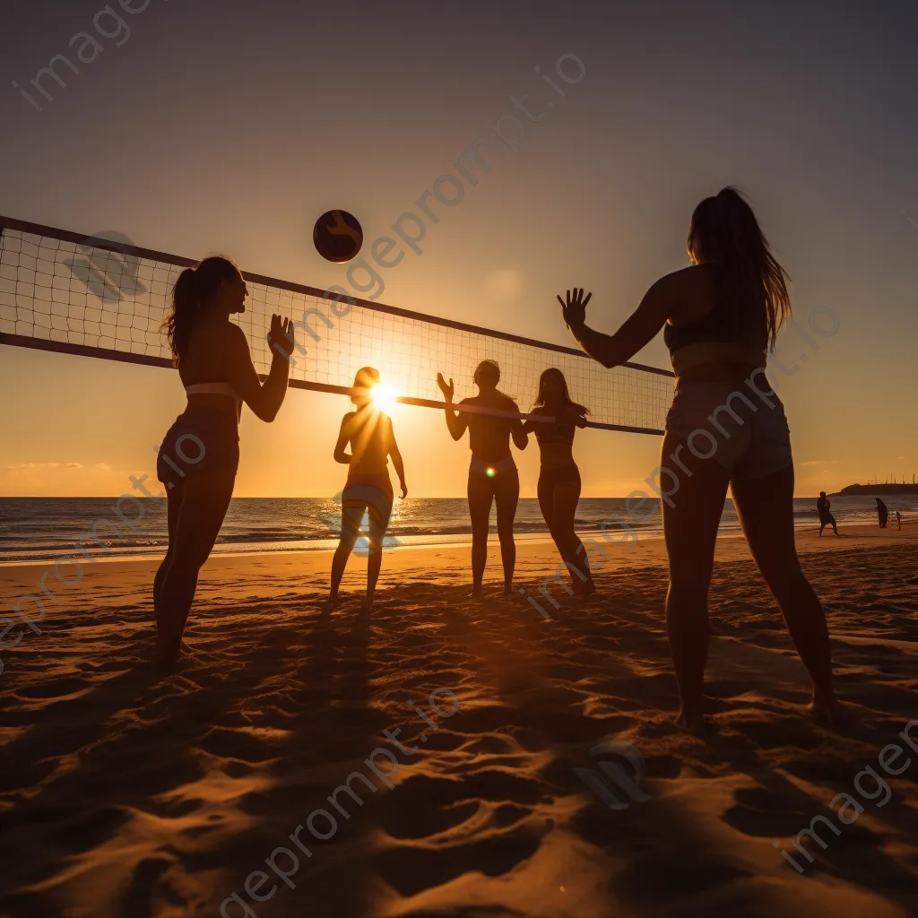 Friends playing beach volleyball at sunset - Image 4