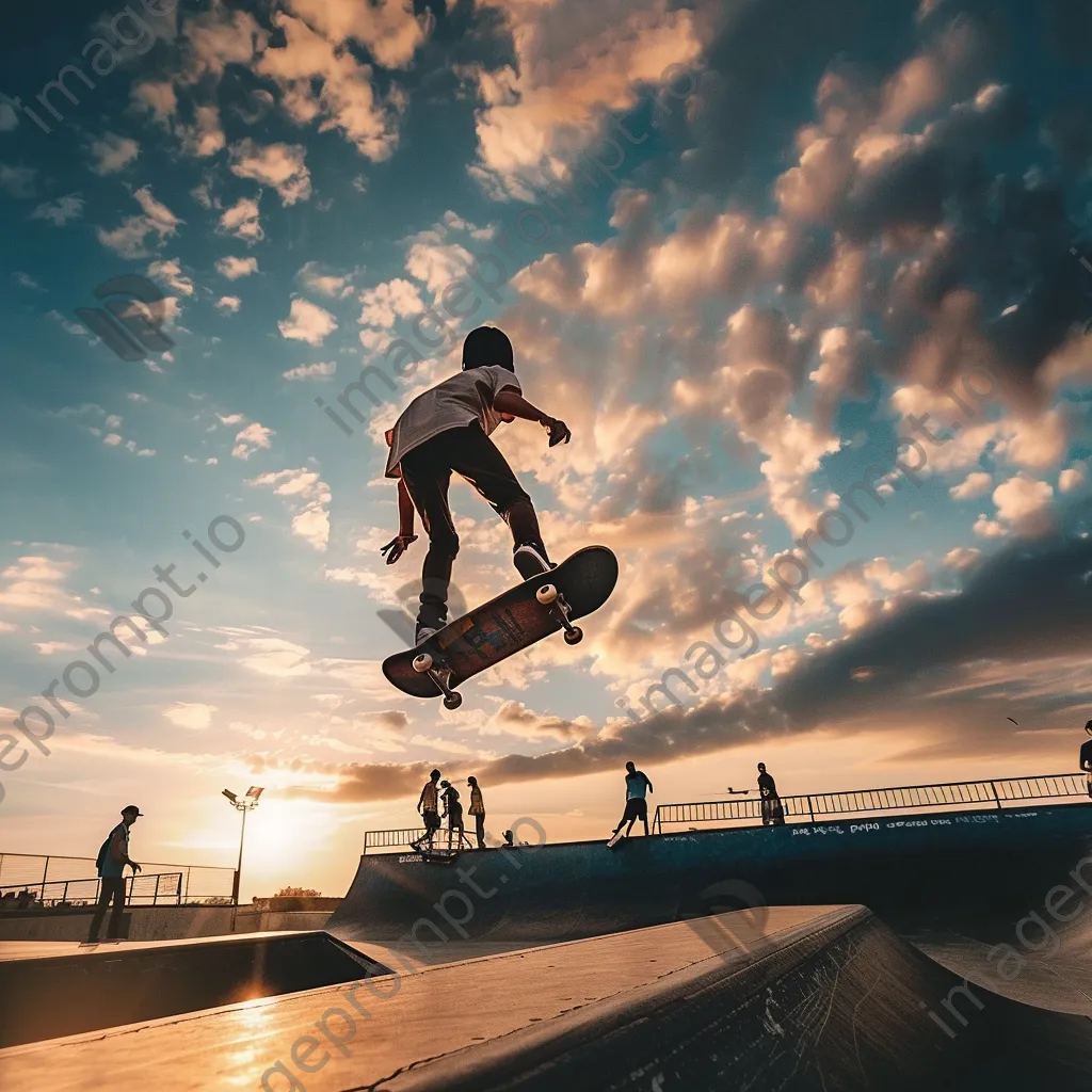 Skateboarder performing tricks in a skatepark. - Image 1