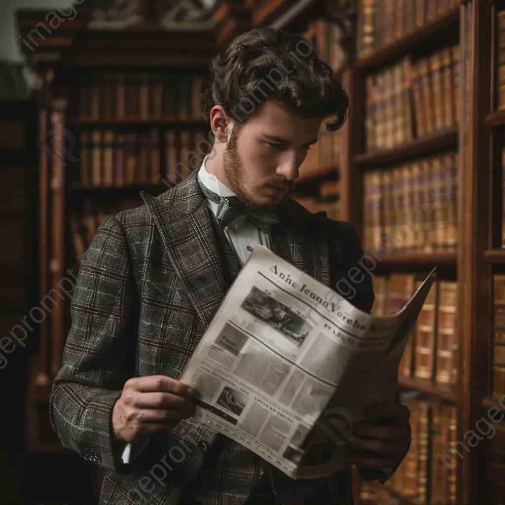 Portrait of a man in tweed suit reading a vintage newspaper in library - Image 1