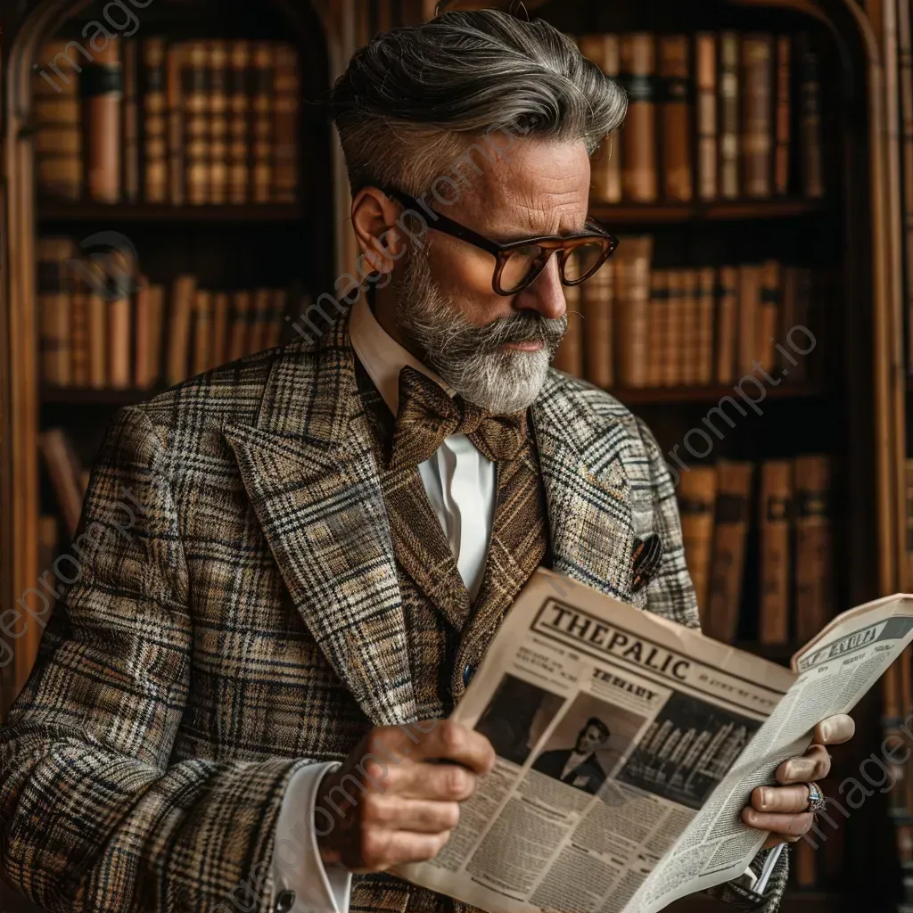 Portrait of a man in tweed suit reading a vintage newspaper in library - Image 2