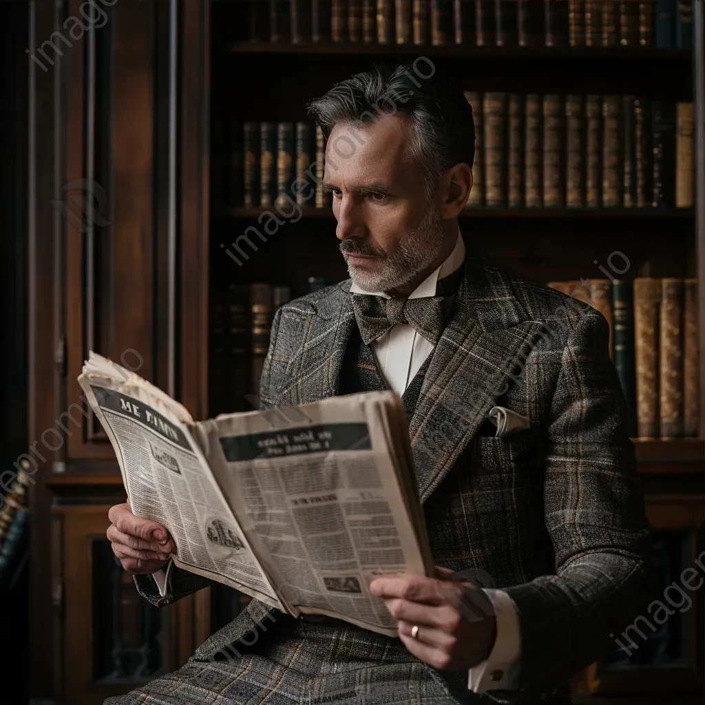 Portrait of a man in tweed suit reading a vintage newspaper in library - Image 3