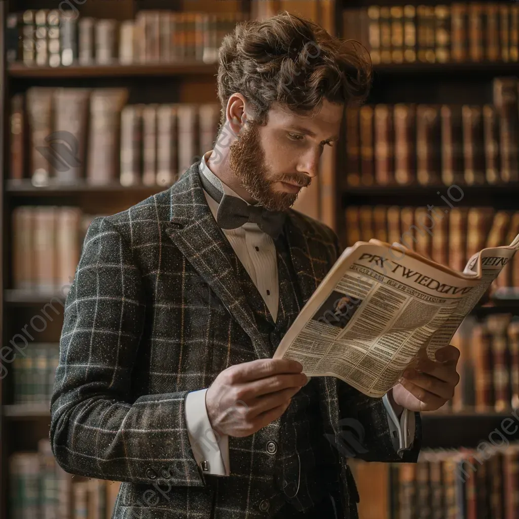 Portrait of a man in tweed suit reading a vintage newspaper in library - Image 4