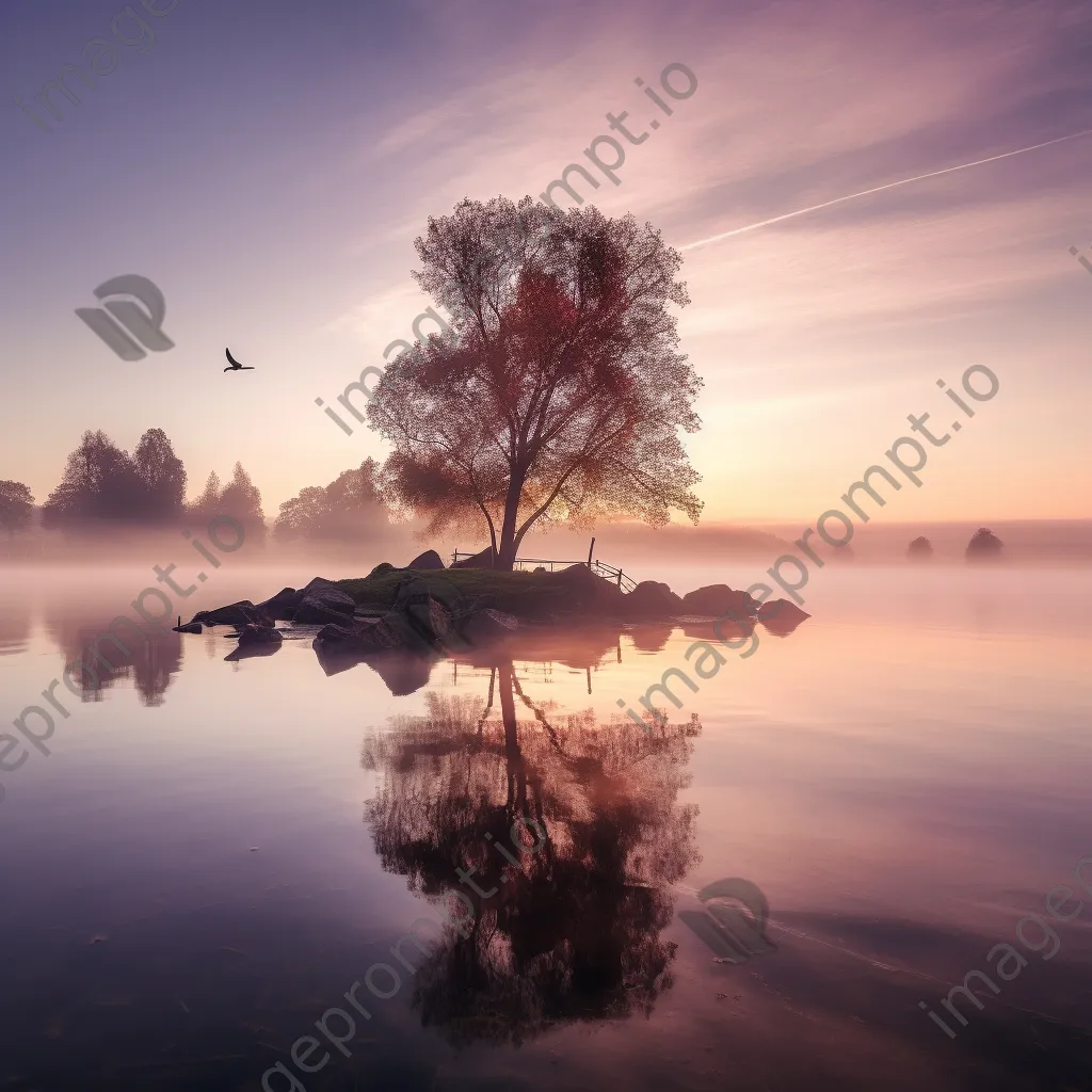 Black and white lakeside scene at dawn with mist rising from the water - Image 1