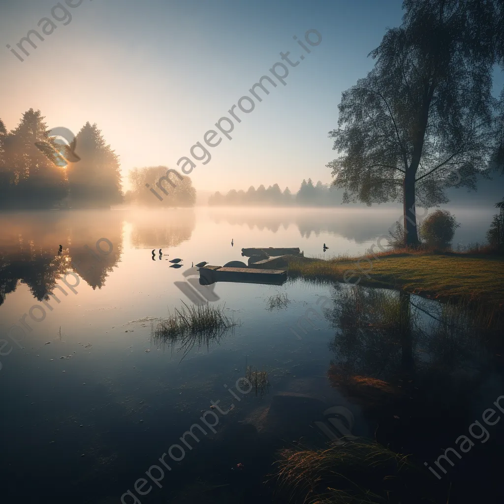 Black and white lakeside scene at dawn with mist rising from the water - Image 2