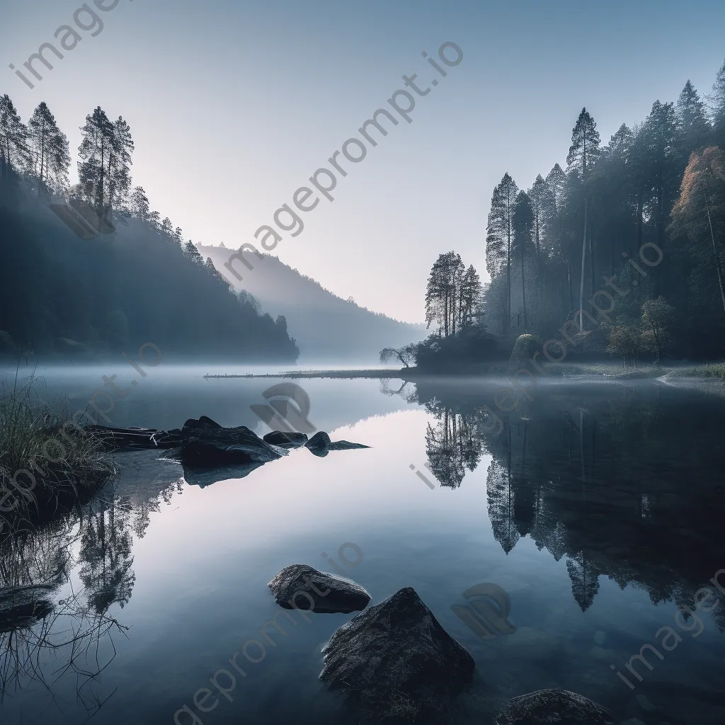 Black and white lakeside scene at dawn with mist rising from the water - Image 3