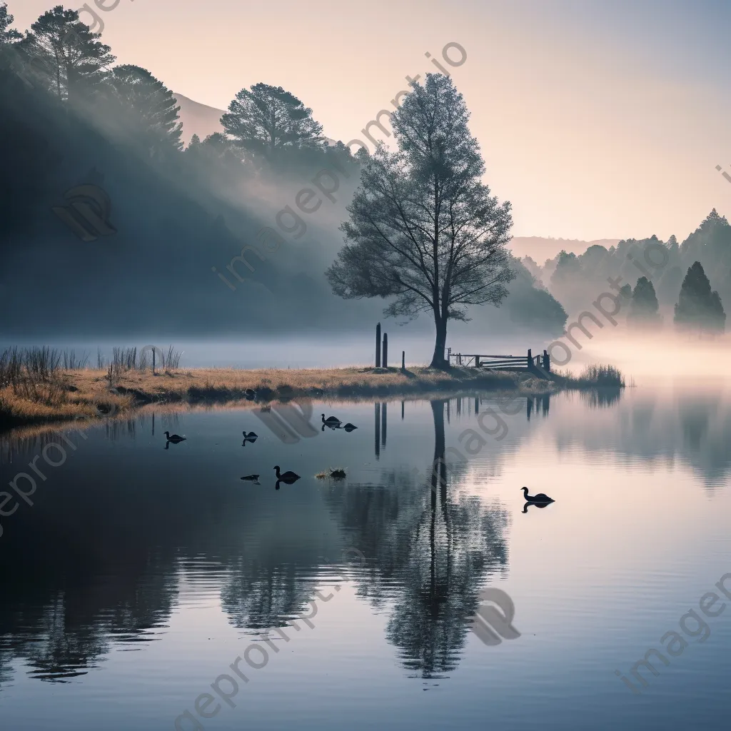 Black and white lakeside scene at dawn with mist rising from the water - Image 4