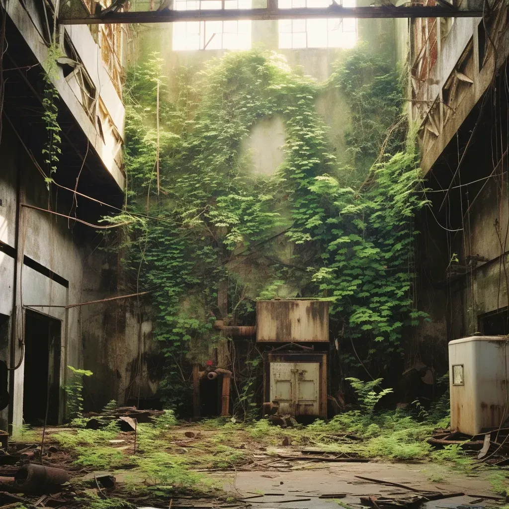 Artistic depiction of an abandoned warehouse entwined with vines and rusted machinery in a nature-reclaimed setting - Image 3