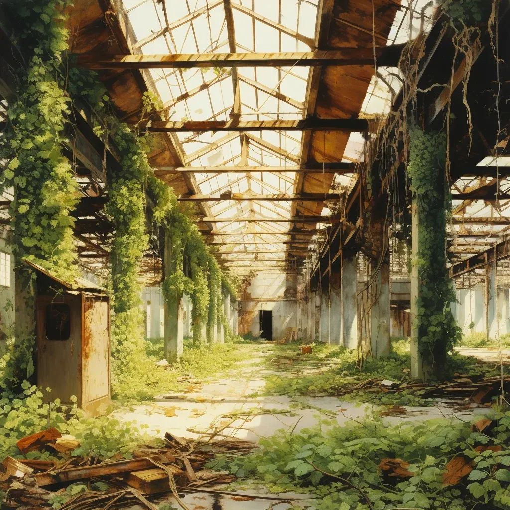 Artistic depiction of an abandoned warehouse entwined with vines and rusted machinery in a nature-reclaimed setting - Image 4