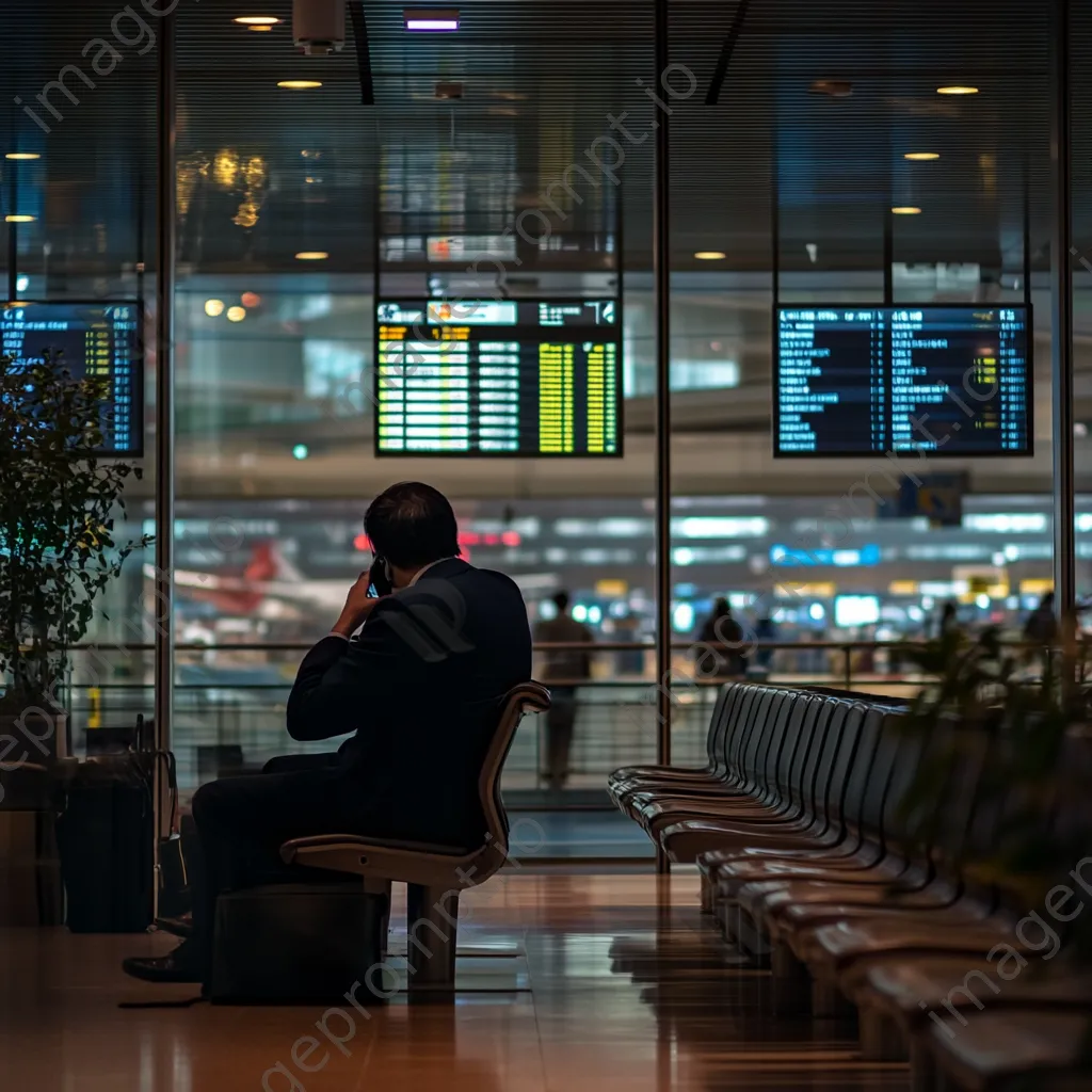 Businessman on phone with airport activity in background. - Image 2