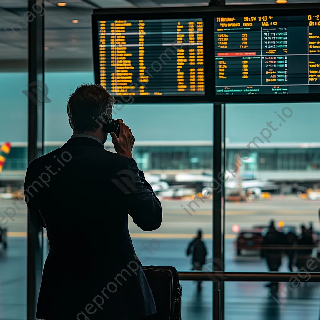 Businessman on phone with airport activity in background. - Image 3