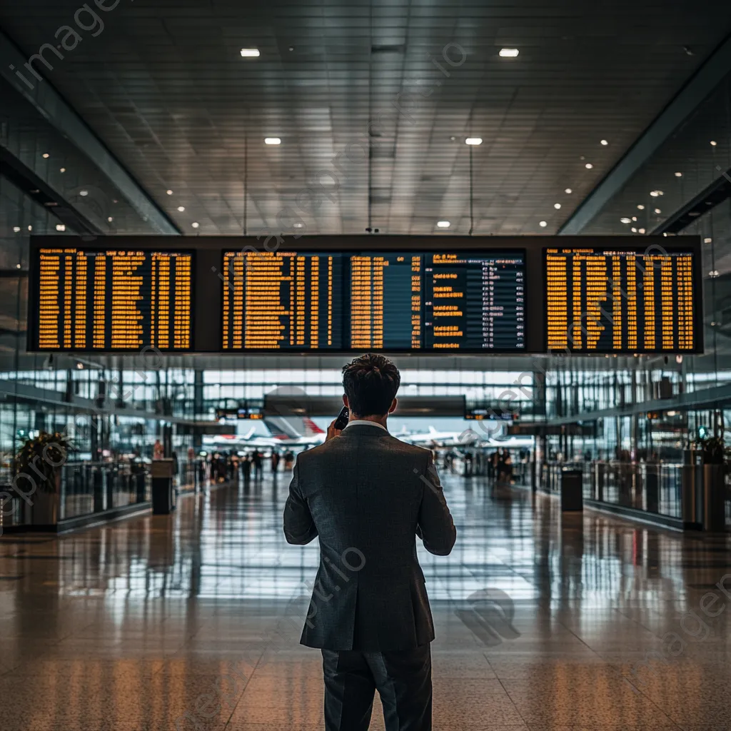 Businessman on phone with airport activity in background. - Image 4