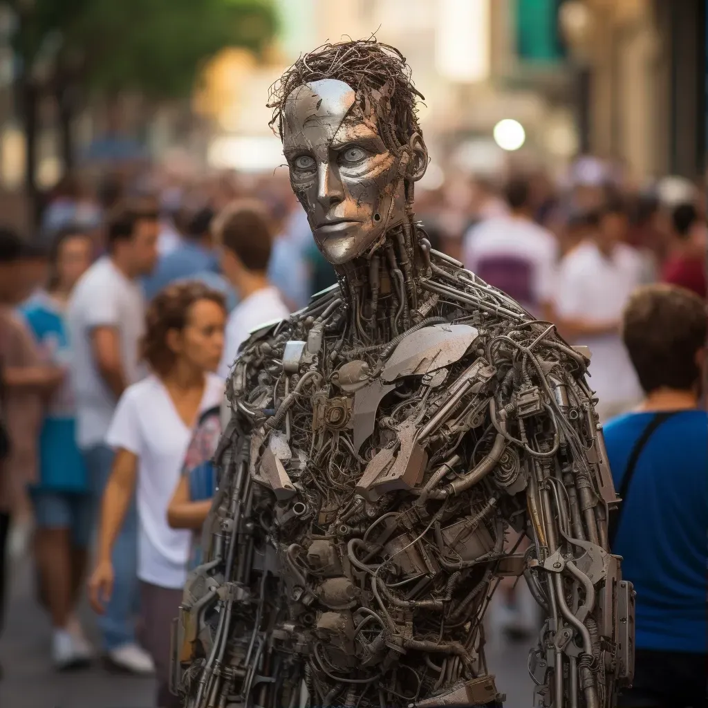 Image of a street art sculpture made from scrap metal, camouflaged among real pedestrians - Image 1