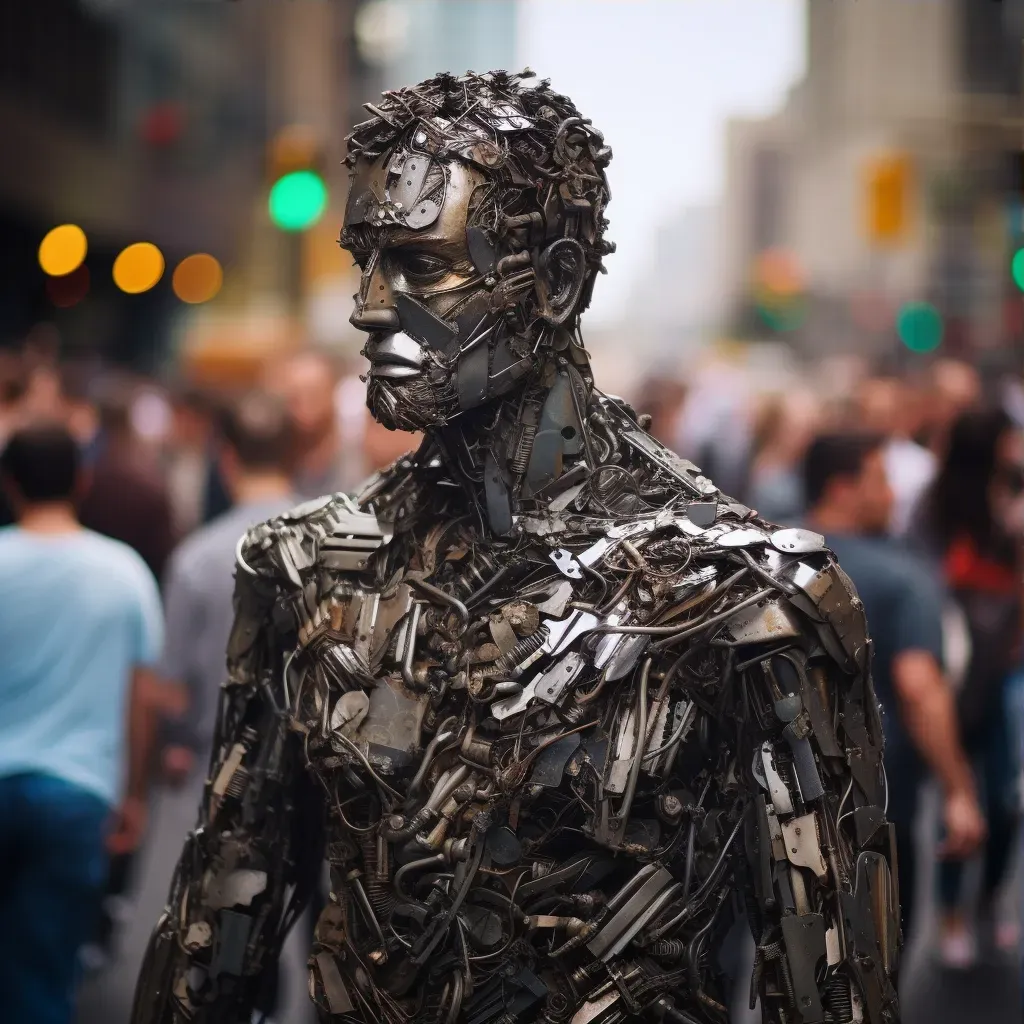 Image of a street art sculpture made from scrap metal, camouflaged among real pedestrians - Image 3