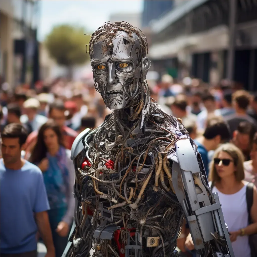 Image of a street art sculpture made from scrap metal, camouflaged among real pedestrians - Image 4