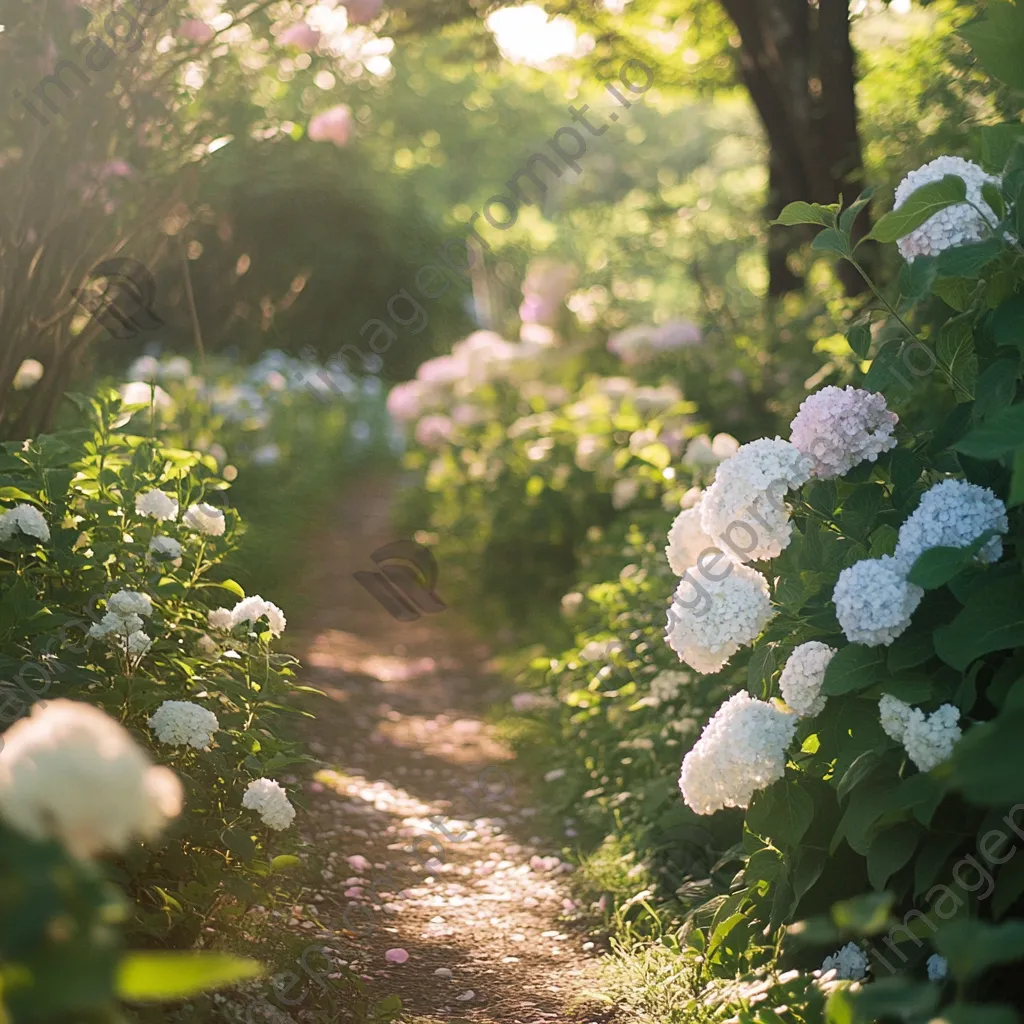 Garden path lined with blooming hydrangeas. - Image 2