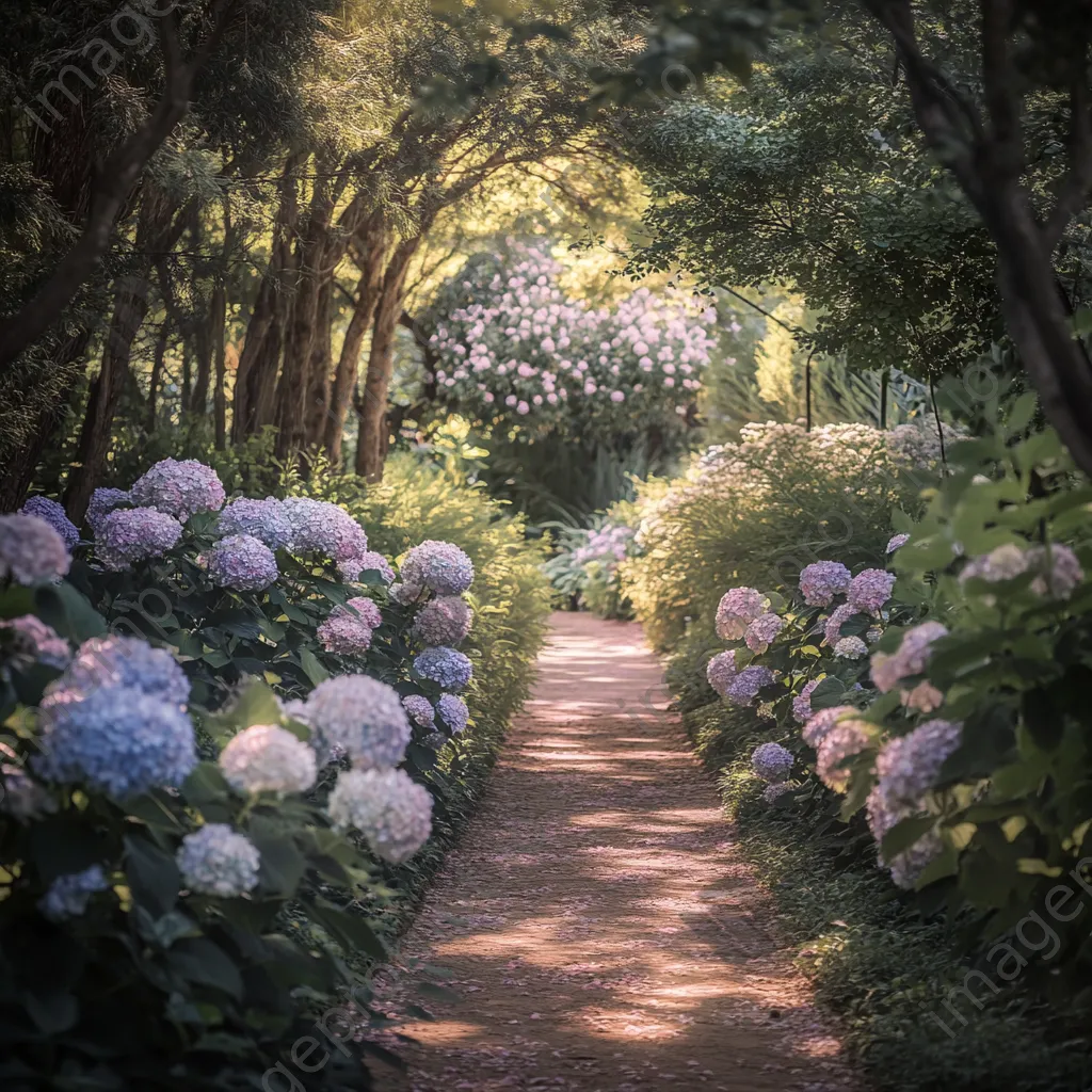 Garden path lined with blooming hydrangeas. - Image 3