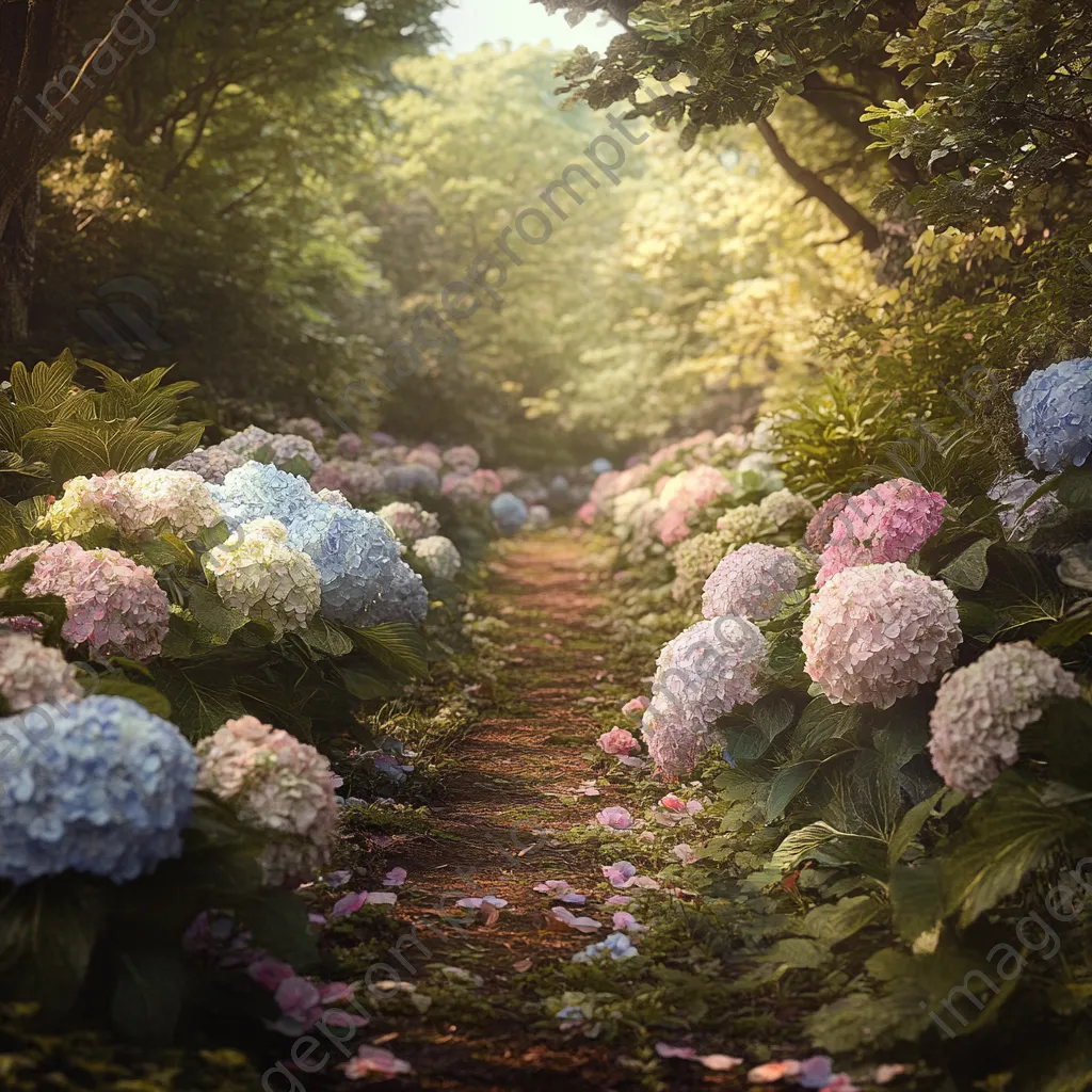 Garden path lined with blooming hydrangeas. - Image 4