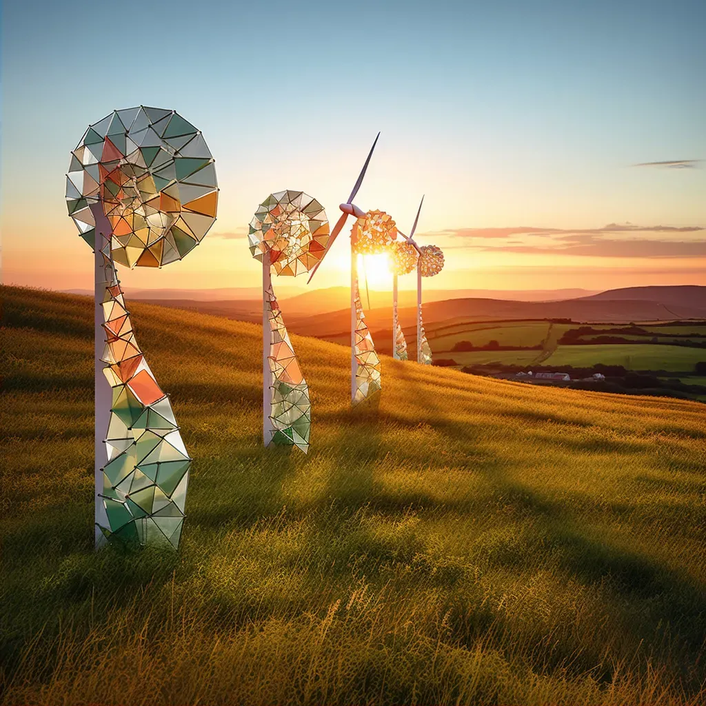 Wind turbines on a green hill with the setting sun in the background - Image 2