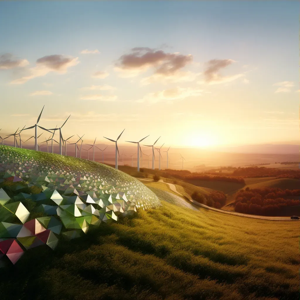 Wind turbines on a green hill with the setting sun in the background - Image 3