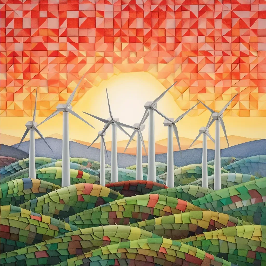 Wind turbines on a green hill with the setting sun in the background - Image 4