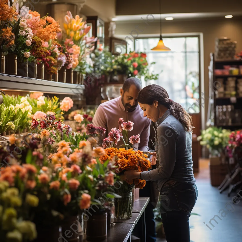 Colorful flower shop interior with customers selecting floral arrangements - Image 1