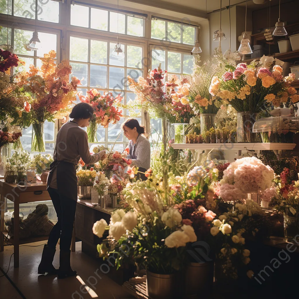 Colorful flower shop interior with customers selecting floral arrangements - Image 2