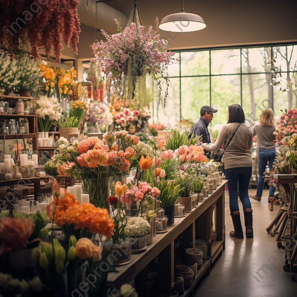 Colorful flower shop interior with customers selecting floral arrangements - Image 3