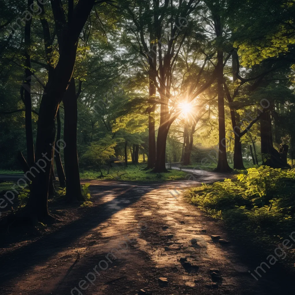 Forest pathway under sunlight and trees - Image 1