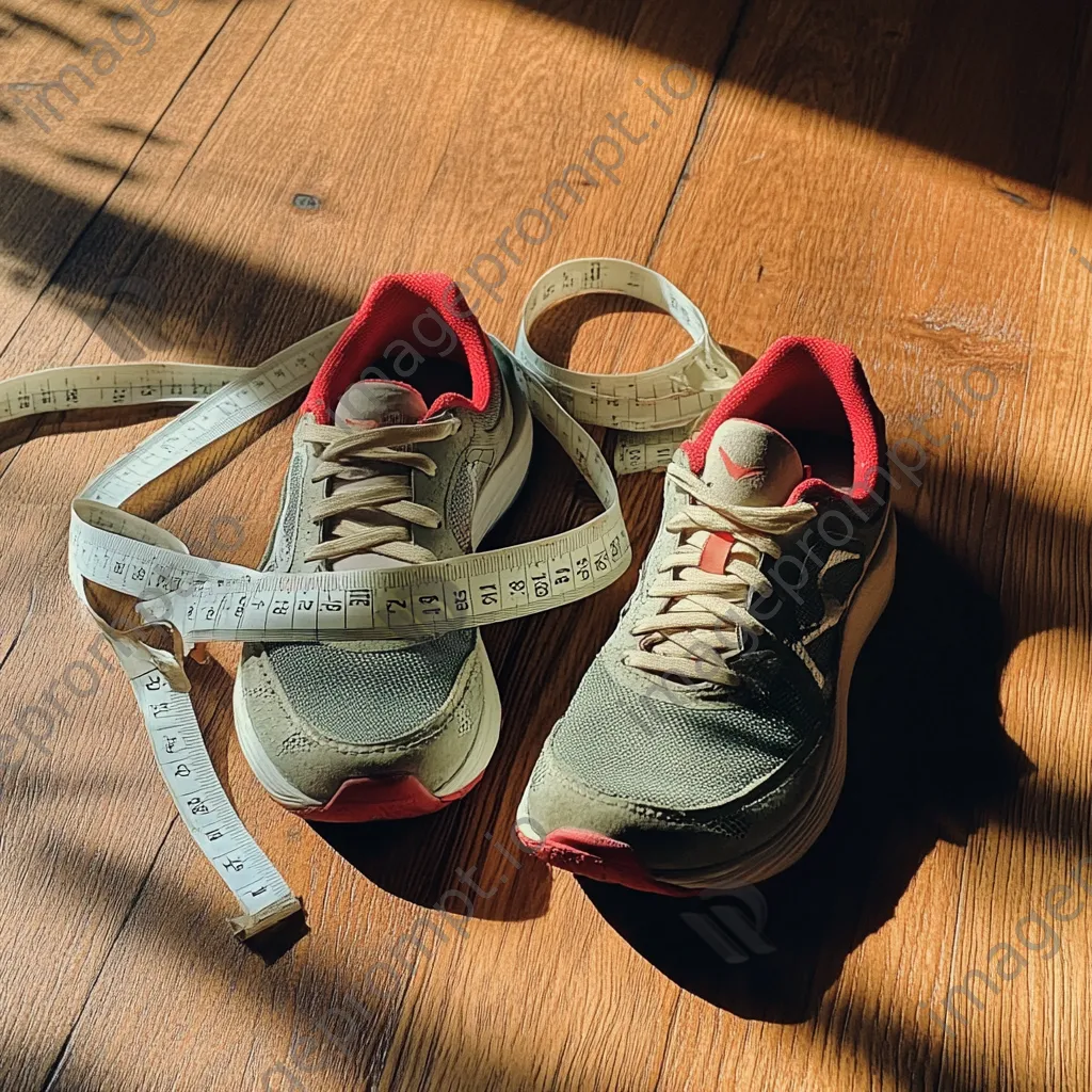 Running shoes placed on measurement tape indoors - Image 1