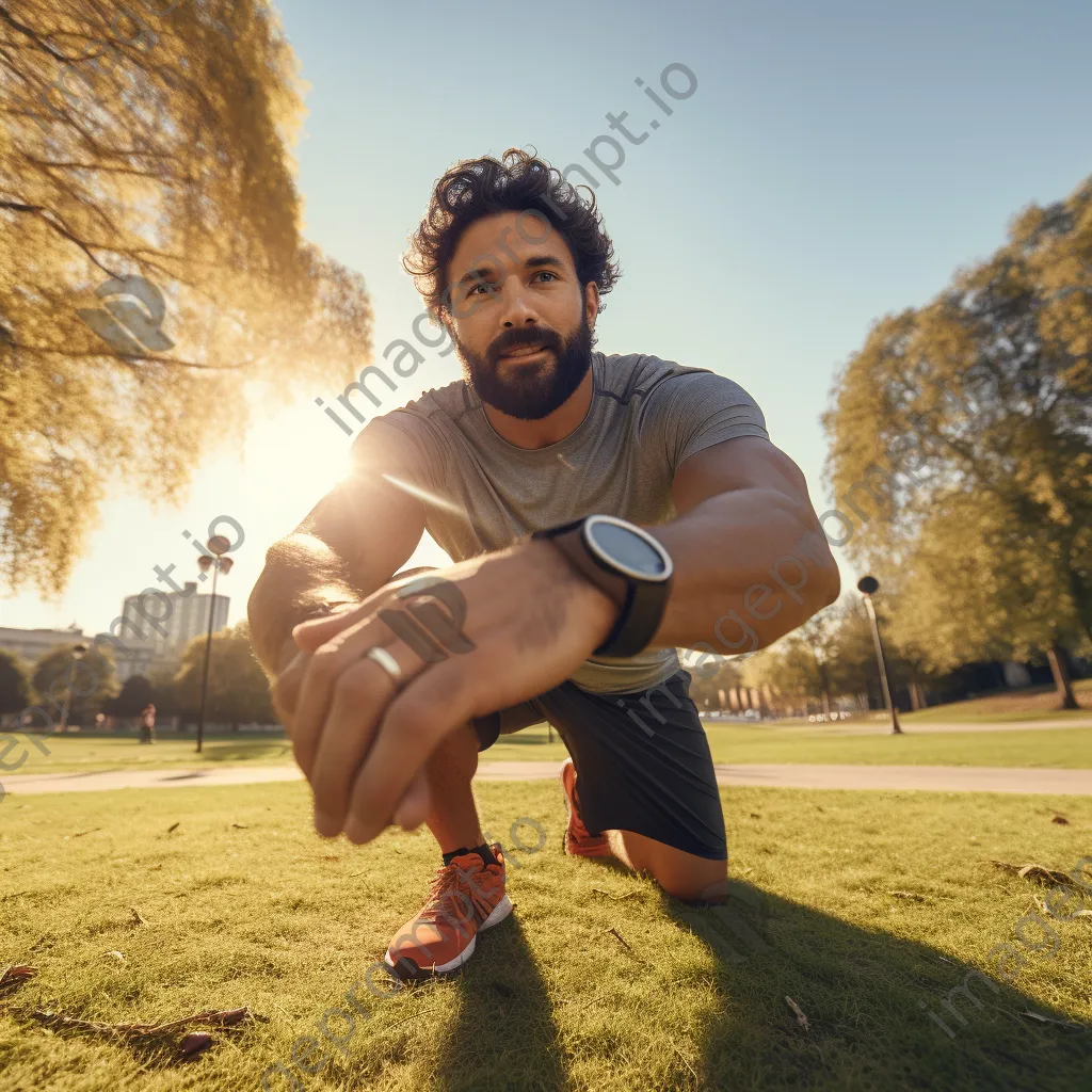 Athlete stretching outdoors while checking fitness app on smartwatch - Image 1