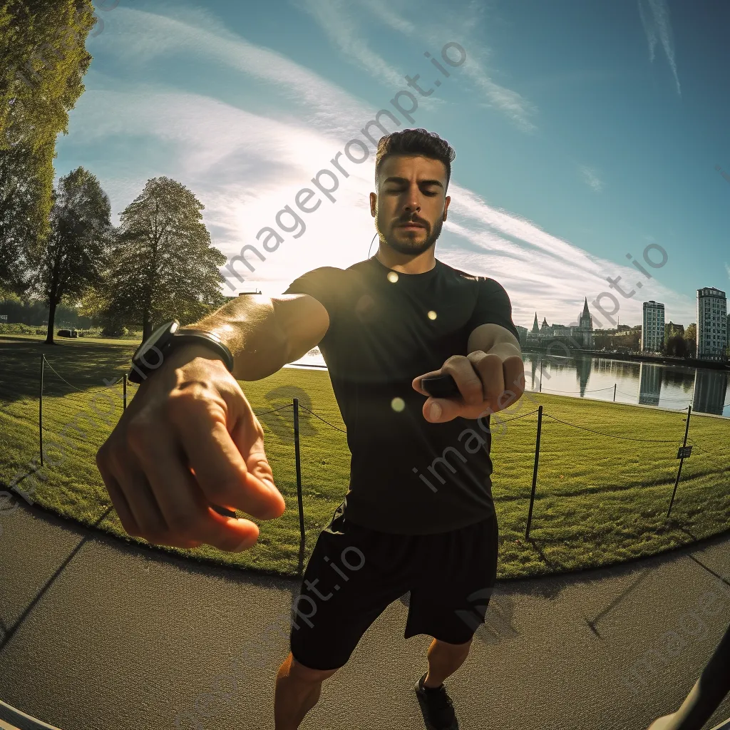 Athlete stretching outdoors while checking fitness app on smartwatch - Image 2