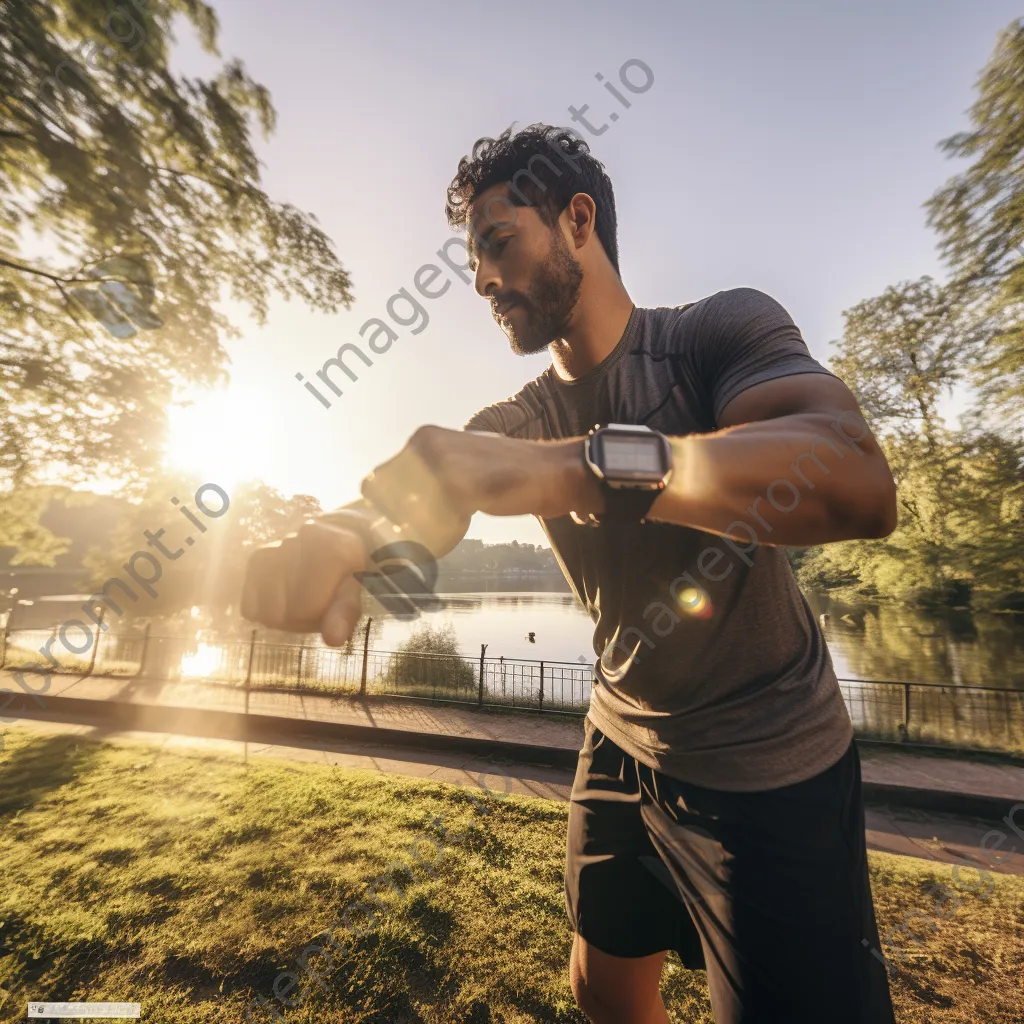 Athlete stretching outdoors while checking fitness app on smartwatch - Image 3