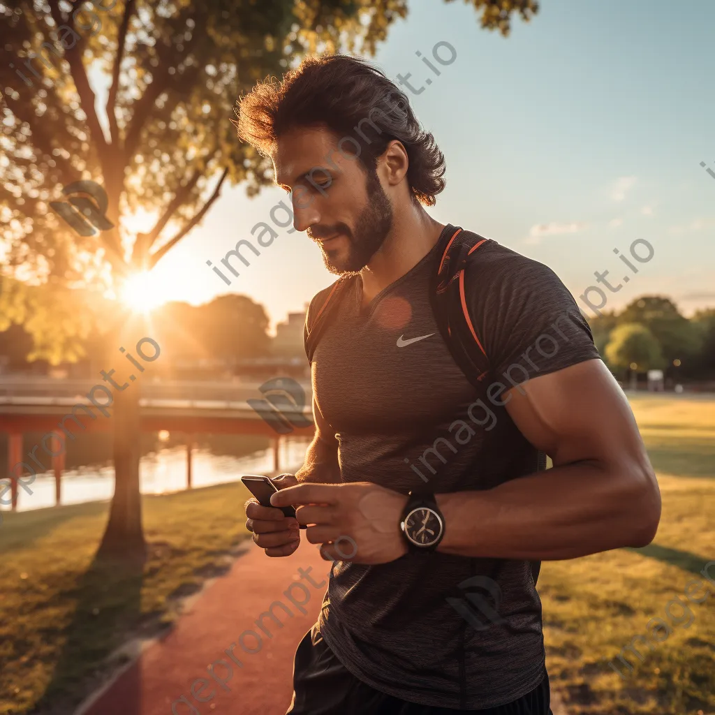 Athlete stretching outdoors while checking fitness app on smartwatch - Image 4